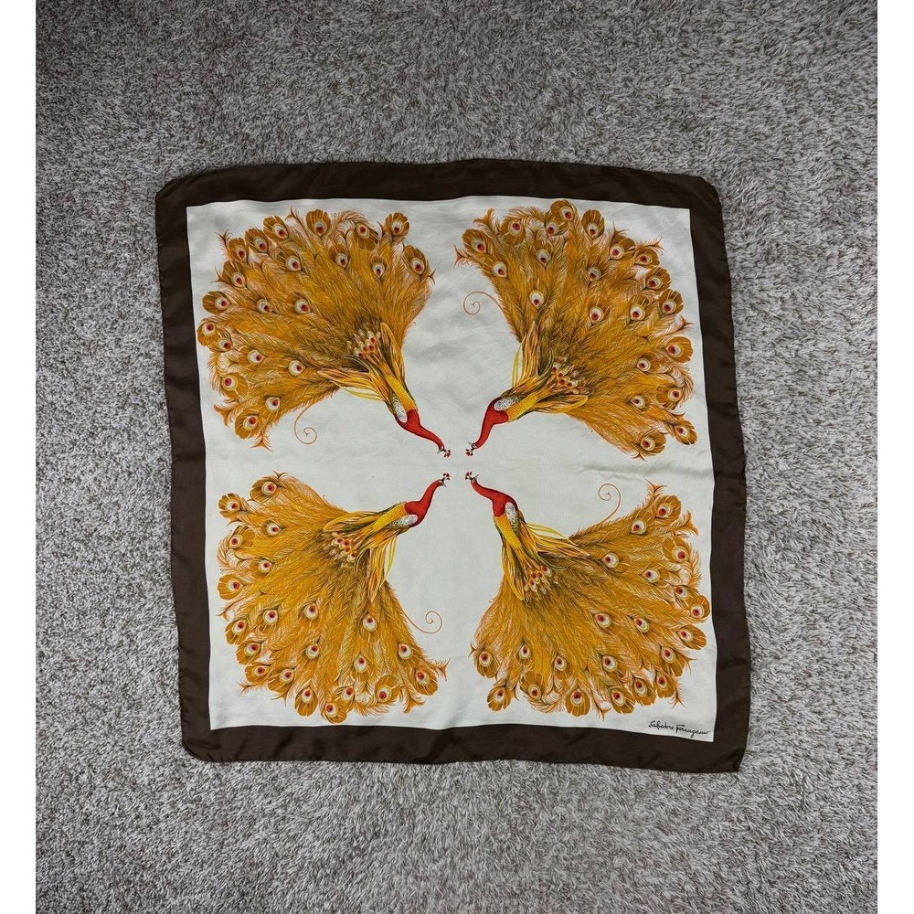 Salvatore Ferragamo Peacock Scarf Brown Gold Square 34" Designer
